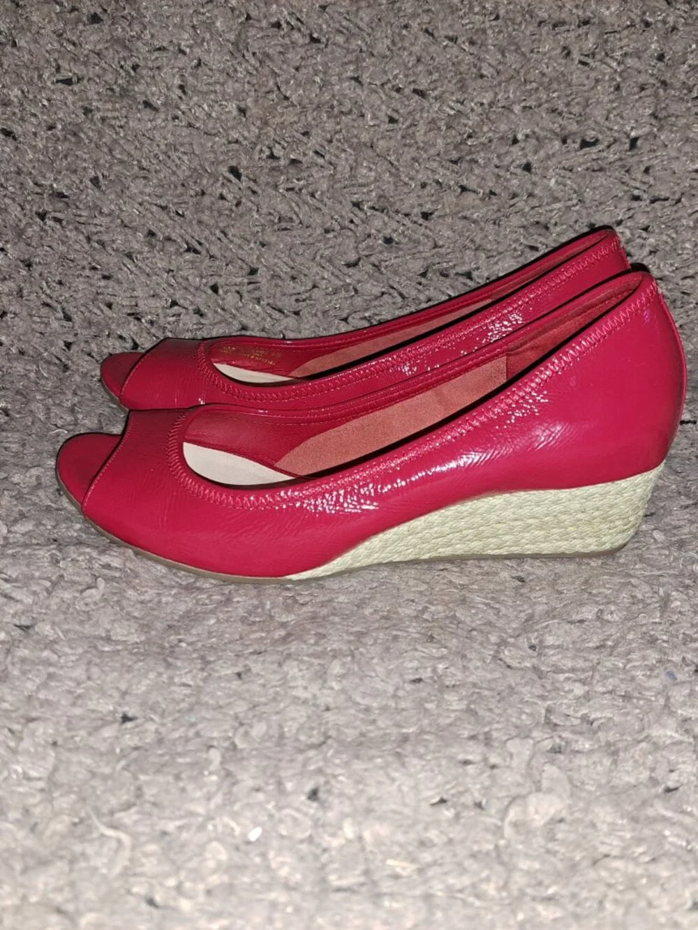 COLE HAAN- Cherry Red Patent Leather-Peep Toe Espadrille Wedge-Sz 6-Near Mint